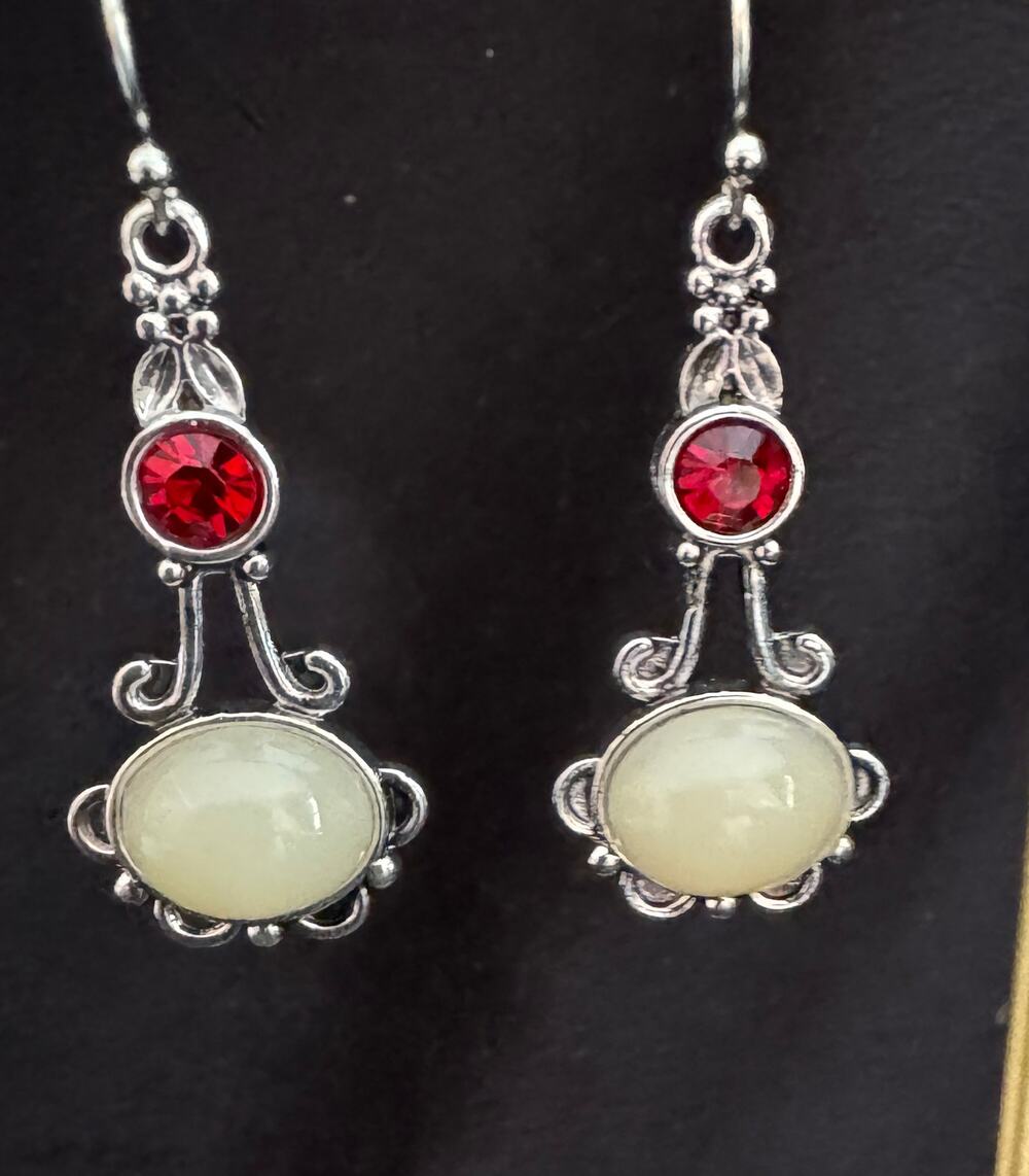 New Sterling 925 Silver Drop Earrings Red & White Stone Dangle 1.5”  E5